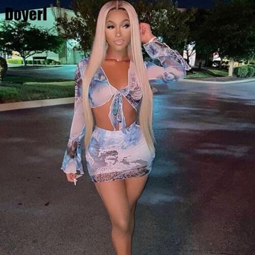Sheer Mesh Print Two Piece Set Women Skirt and Top Set Bodycon Flare Long Sleeve Co Ord Set Women Sexy Club Outfits for Women
