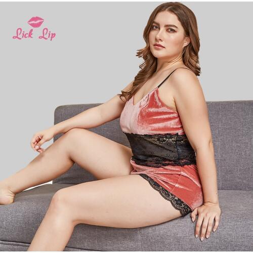Lick Lip Large Size Red Suspenders Ladies Pajamas Sets Lace Decorative Suede Nightwear Sexy Body Shaping Pyjamas SWD12644-3
