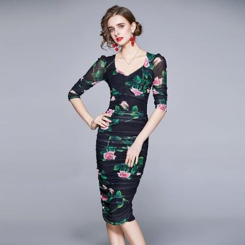 Sprin Summer Runway Floral Printed Pleated Bodycon Dress Women Long Sleeve Elastic Elastic Waist Draped Mesh Dress K6151