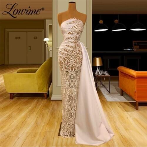 Champagne Lace Middle East Strapless Evening Dresses Dubai 2020 Robe De Soiree Mermaid Prom Dress Celebrity Party Dresses Custom