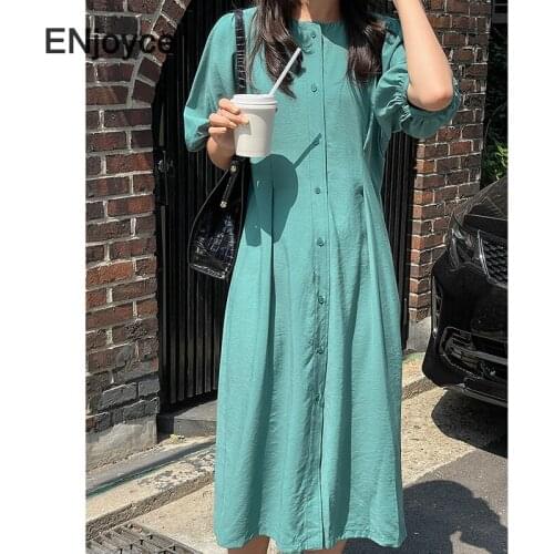 Women Vintage Mid-length Dress Summer Korean Style Elegant Waist Slimming Puff Sleeve Dresses Ladies Casual Loose Clothes