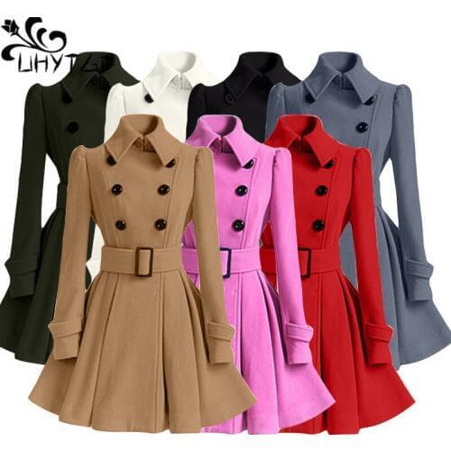 UHYTGF Winter coat women Fashion double-breasted slim Ladies wool coat Lapel belt elegant Female Plus size Woolen outerwear1393