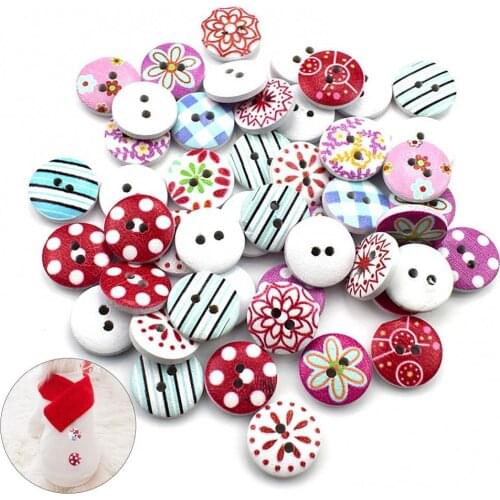 100Pcs Round Floral Print Wood Buttons Decorative Sewing Scrapbook Accessories