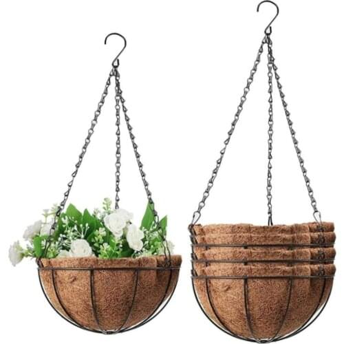 2021 Hot sale Metal Hanging Planter Basket With Coco Coir Liner 12 Inch Round Wire Plant Holder With Chain