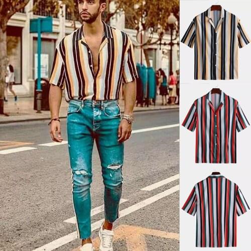2021 Shirts For Mens Fashion Casual Striped Print Shirts Short-Sleeve Button Turn-Down Collar Shirts Summer Daily Holiday Shirts