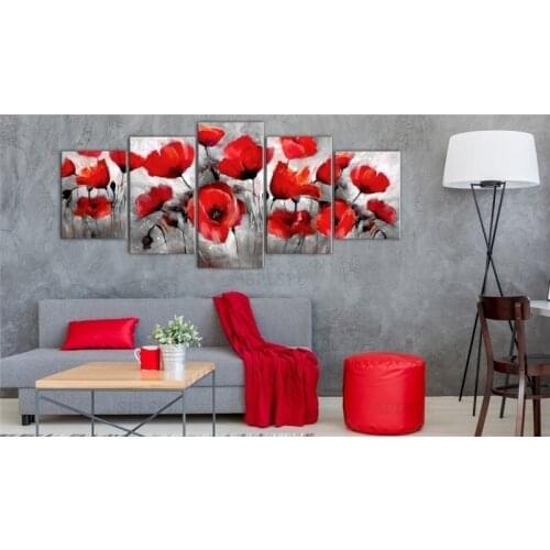 5 Pieces Red Wall Art Modular Pictures for Living Room Poppies Canvas Painting Red Flora Posters and Prints Decor