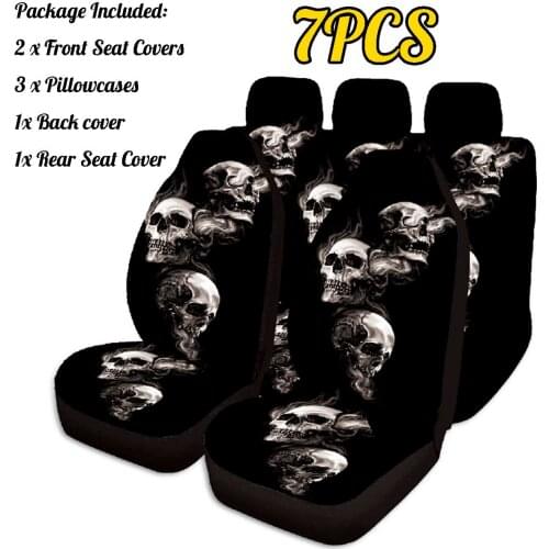 7PCS Car Seat Cover 3D Skull Printing Universal Front Protector Accessories Cushion Full for Most