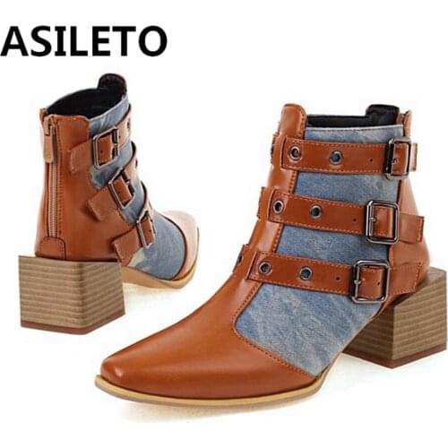 ASILETO 2021 Designer Brand Ankle Boots for Women Mixed Color Pointed Toe Square Mid Heel Buckles Zipper Buckles 48 S2448