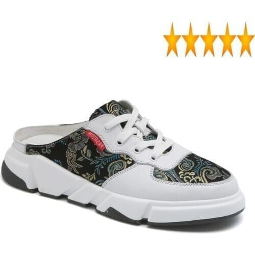 Ethnic Totem Mixed Colors Personality Men Casual Half Shoes Lace Up Slip On Round Toe Platform Sandals Summer Male Outdoor Wear
