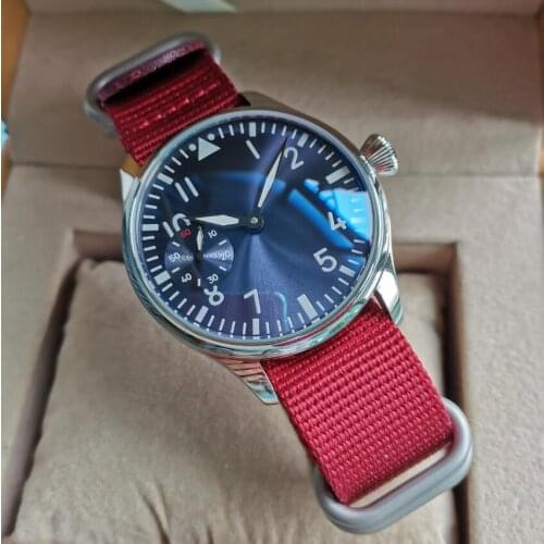 GEERVO No logo 44mm pilot style Mechanical Hand Wind mens Watch retro style Blue dial Sun ray lines Green luminous red band