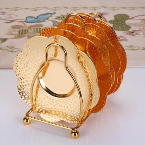 Europe 6 pcs/set golden coaster set metal table accessories coffe tea table pad bar mat round placemats BD006