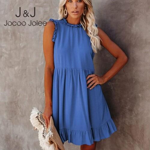 Jocoo Jolee Off Shoulder Ruched A-Line Casual Women Ruffles Round Neck Sleeveless Summer Mini Dress Solid Basic Loose Party