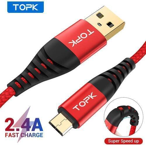 TOPK 1M Hi-Tensile Micro USB Cable Nylon Braid Data Cable For Samsung Galaxy S7 edge S6 Xiaomi Redmi Note 5 Mobile Phone Cables