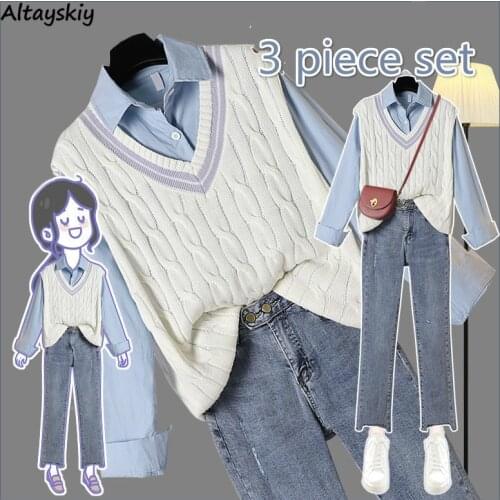3 Piece Sets Women College Style Lovely Fall Fashion Ulzzang Girls Outfits Simple V-neck Knitwear Basic Denim Trousers and Vests