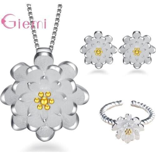 Korean Trend Wedding Engagement Jewelry Sets 925 Sterling Silver Ring Necklaces Earrings For Women Lotus Flower Opening Anillos