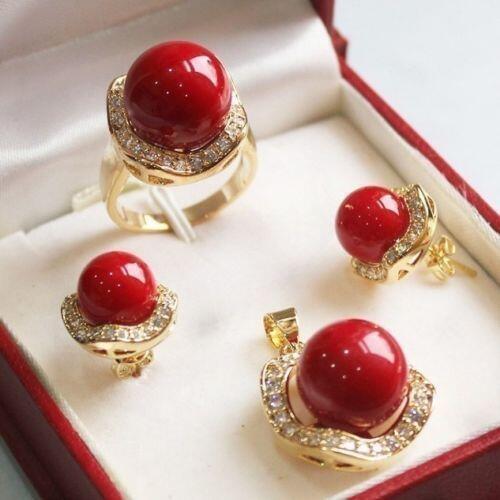 Prett Lovely Womens Wedding shipping>>Set 10mm &14mm red South sea Shell Pearl Earrings Necklace Ring new-jewelry