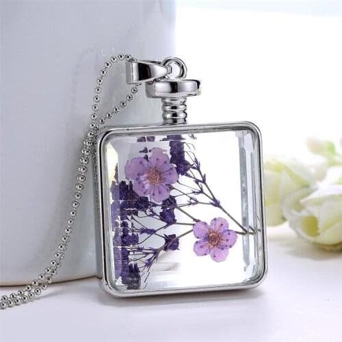 1PC Gold Square Glass Locket Real Flower Necklace Glass Locket Necklace Wish lockets Necklace Live Plant Necklace