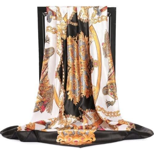 2021 Silk Scarf Women Bandana Printed Head New Pattern Large 90*90cm Square Wrap Handkerchief Shawl Pareo Muffler Foulard Hijab