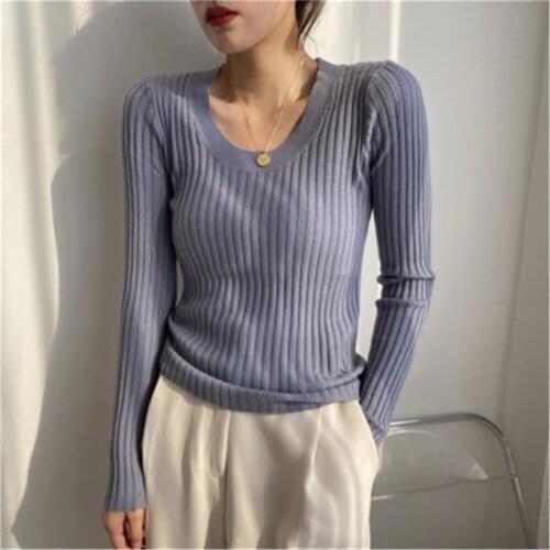 2021 Autumn Deep O-neck Women Basic Slim Warm Knitted Tops Casual Skinny Stretch Long Sleeve Female Pullover Sweaters ZY5252