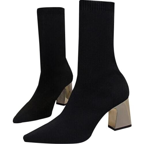 Sexy Women Boots Autumn Winter High Heel Boots Pointed Toe Slim Sock Boots Nightclub Stretch Fabric Ankle Short Boots Shoes