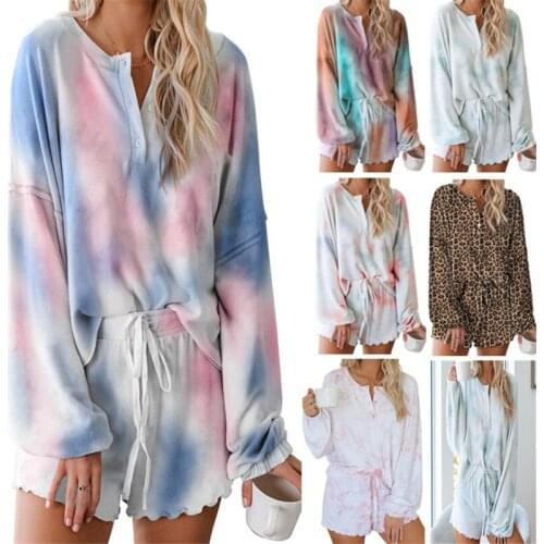 Dyeing Printing Women Sleepwear Pyjama Set Long Sleeve Pajamas Woman Summer V-neck Buttons Womens Pajamas with Shorts