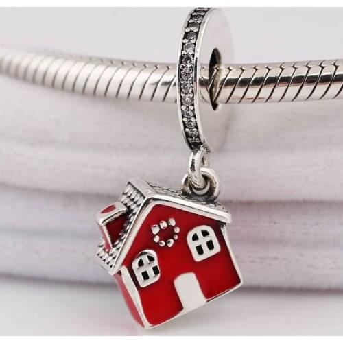 Original Red Enamel Cosy Christmas House With Crystal Pendant Bead Fit 925 Sterling Silver Charm Bracelet Diy Jewelry