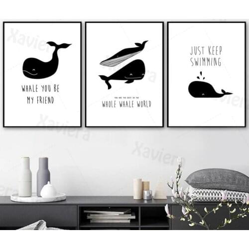 Cartoon Whale Quotes Frameless Painting Animal Black White Simple Poster HD Canvas Prints Wall Art Nursery Living Room Home Deco