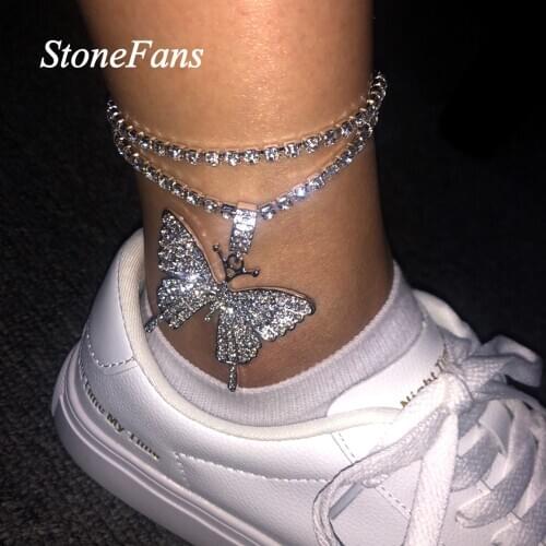 Stonefans Shiny Rhinestone Big Butterfly Pendant Anklet Wholesale for Women Luxury Jewelry Double Layer Anklet Butterfly Chain