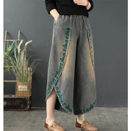 Spring Denim Jeans Women Vintage Washed Embroidery Furcal Female Casual Ankle-Length Wide Leg Cowboy Pants Tide