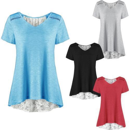 2020 Europe and The United States Summer New Boutique Womens Sexy V-neck Lace Stitching Hollow Simple Short-sleeved T-shirt