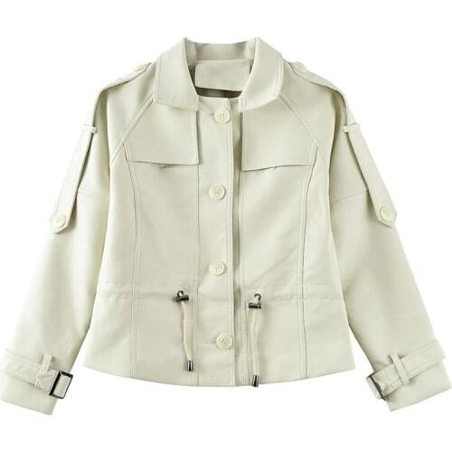 Short Leather Jacket Women Slim Drawstring Long Sleeve Zipper Turn-Down Collar White Faux Leather Biker Jacket Autumn Streetwear