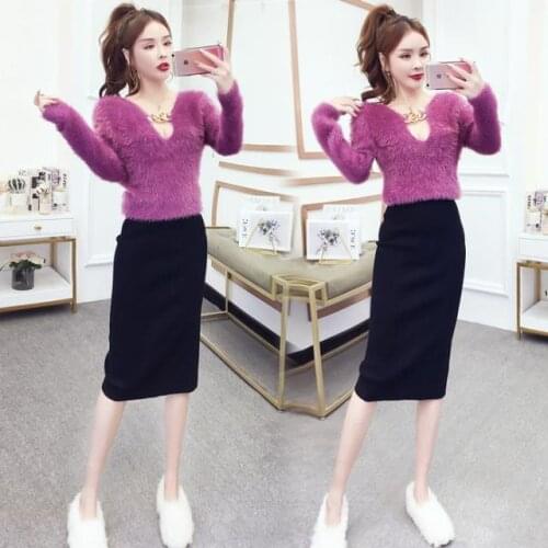 Women 2021 Spring Autumn Two Piece Set Female Knit Top V Neck Long Sleeve Pullovers and Mini Bodycon Skirt Casual Outfits C339