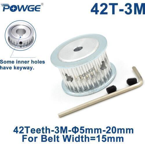 POWGE 42 Teeth HTD 3M Timing Pulley Bore 5/6/8/10/12/14/15/16/17/19/20mm for Width 15mm 3M Synchronous Belt HTD3M 42T 42Teeth