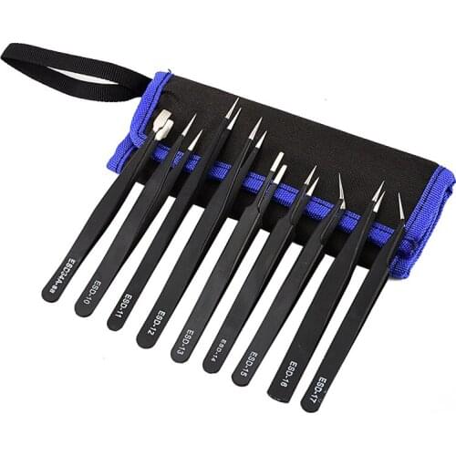 10Pcs/9Pcs Anti-static ESD Tweezers Electronics Stainless Steel Tweezer Curved Straight Repair Tool Sets Industrial Tweezers