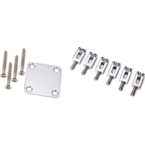 2 Set Electric Guitar Accessories: 1 Set Neck Plate With Screws & 1 Set Bridge Saddles Flat Set
