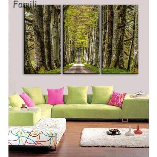3 Panel Modern Canvas Painting Wall Art Picture Dirt Road Deciduous Forest Green Tree Foggy Spring Landscape Print Artwork Wall