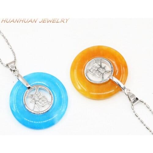 30mm Stainless Steel Pendant For Women Natural Stone Jades Religious Prayer Necklace Pendants Chain Lucky Circle Round B3325