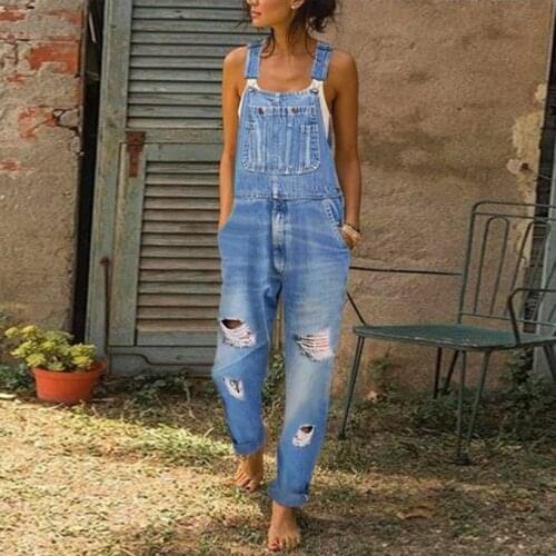 3Xl Hot Size Women Denim Overalls Dungarees Strappy Romper Ladies Jumpsuit Cool Style Ripped Jeans Streetwear