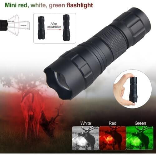 White Red Green Mini Tactical Zoomable Portable Hunting Flashlight Torch For Hog Pig Coyote Varmint+16340 Battery+Charge+Box