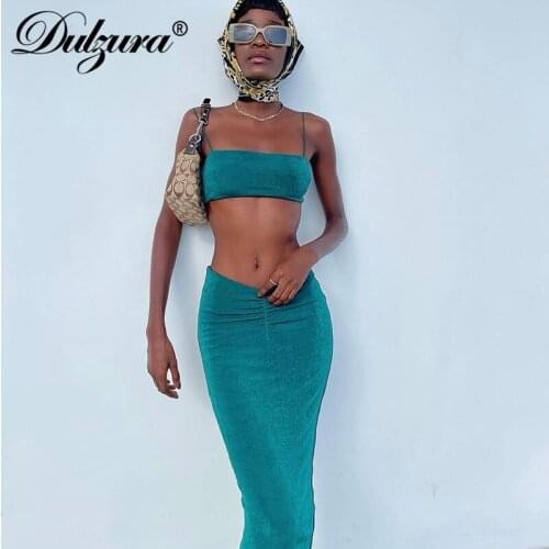 Dulzura 2021 Summer Women Pure Color 2 Pieces Strap Crop Top Ruched Midi Skirt Set Bodycon Sexy Elegant Party Holiday Outfit