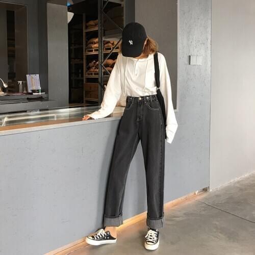 Spring and autumn retro loose adjustable buckle jeans high waist wide leg pants straight pants trousers women jeans woman
