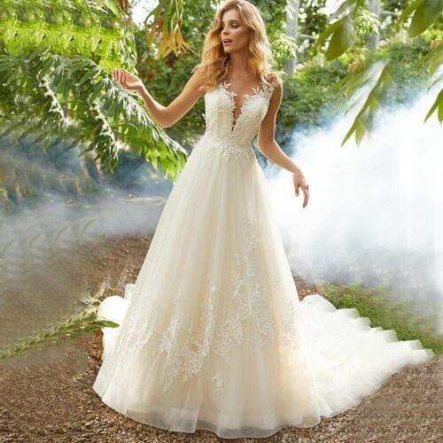 Eightale Boho Wedding Dress O-Neck Appliques Lace A-Line Beach Wedding Gowns Elegant Train Bride Dress vestido de noivas 2019