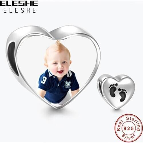 ELESHE 925 Sterling Silver Baby Footprint Heart Personalized Photo Bead for Women Girls Children fit Bracelet DIY Jewelry