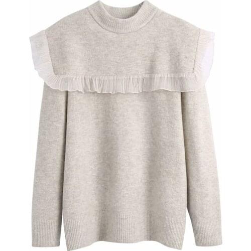 Evfer Women Fashion Patchwork Ruffles Za Khaki Knitted Long Pullover Autumn Female Casual Long Sleeve Loose Turtleneck Sweaters