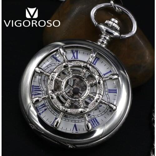 VIGOROSO Classical Retro Rudder Helm Mechanical Pocket Watch Double Hunter Silver Steel Unisex Women Men Fob Chain Pocket Wathes