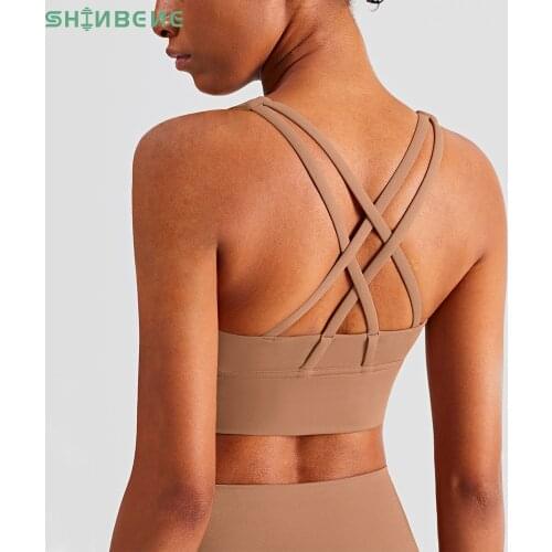 SHINBENE CLASSIC Cross Strap Wokrout Sports Bras Top Women Padded Mid Support Naked Feel Fitness Yoga Bras Athletic Brassiere