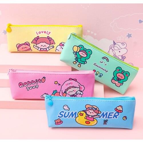 Cute Canvas Cartoon Little Girl Triangle Pencil Case High Capacity Pen Pencil Bags for Girls School Supplies Korean Stationery