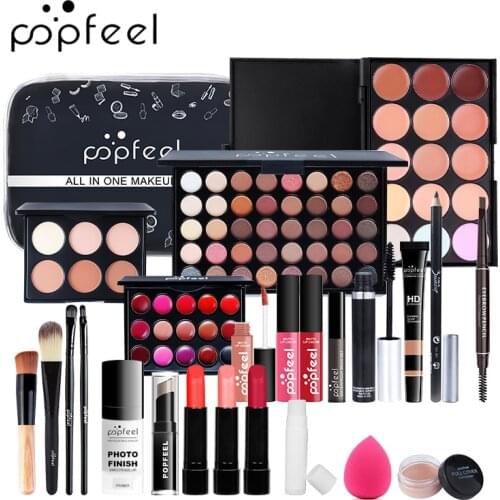 Make Up Sets Cosmetics Kit Eyeshadow Lipstick Eyebrow Pencil Lip Gloss Makeup Brush Powder Puff with Makeup Bag Hot Selling