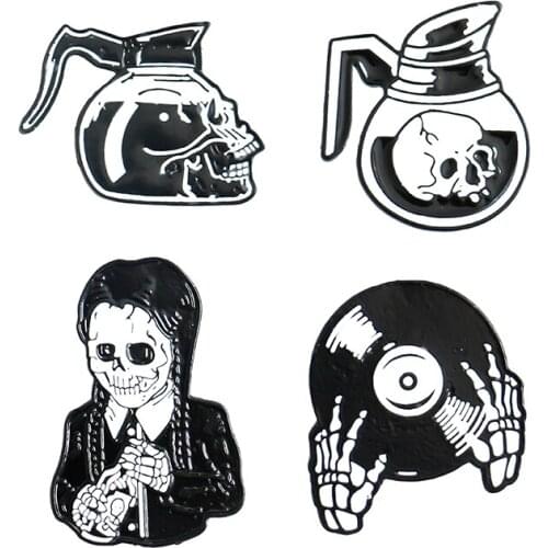 New Cartoon The Adams family on Wednesday Skull kettle Make a dish Alloy Enamel Pins Brooch for Clothing Bag Accessories Badge
