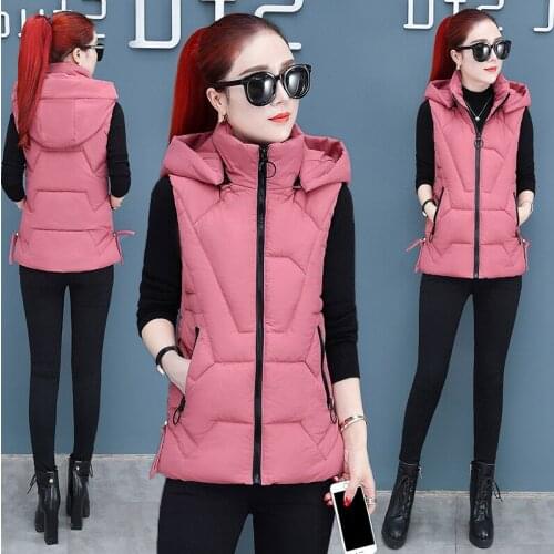 Autumn and Winter Womens Down Cotton Padded Vest Jacket Elegant Fashion Solid Color Waistcoat Sleeveless Hooded Padded Coats
